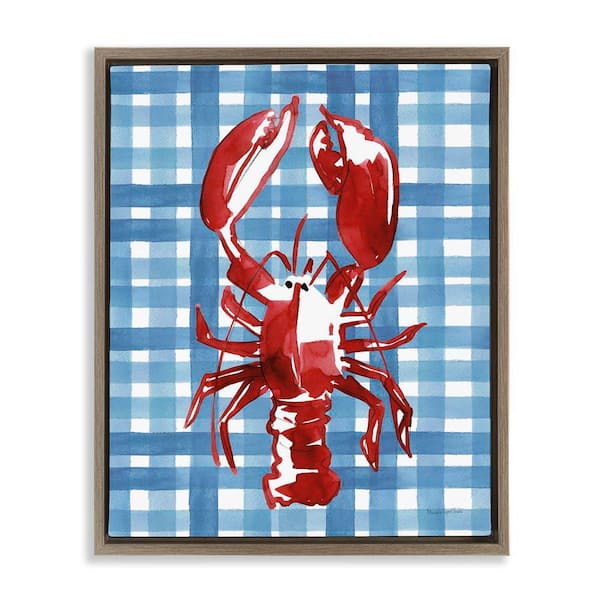 Stupell Industries Coastal Lobster on Plaid by Mercedes Lopez Charro Brown Floater Frame Animal Graphic Art Print 31 in. x 25 in.