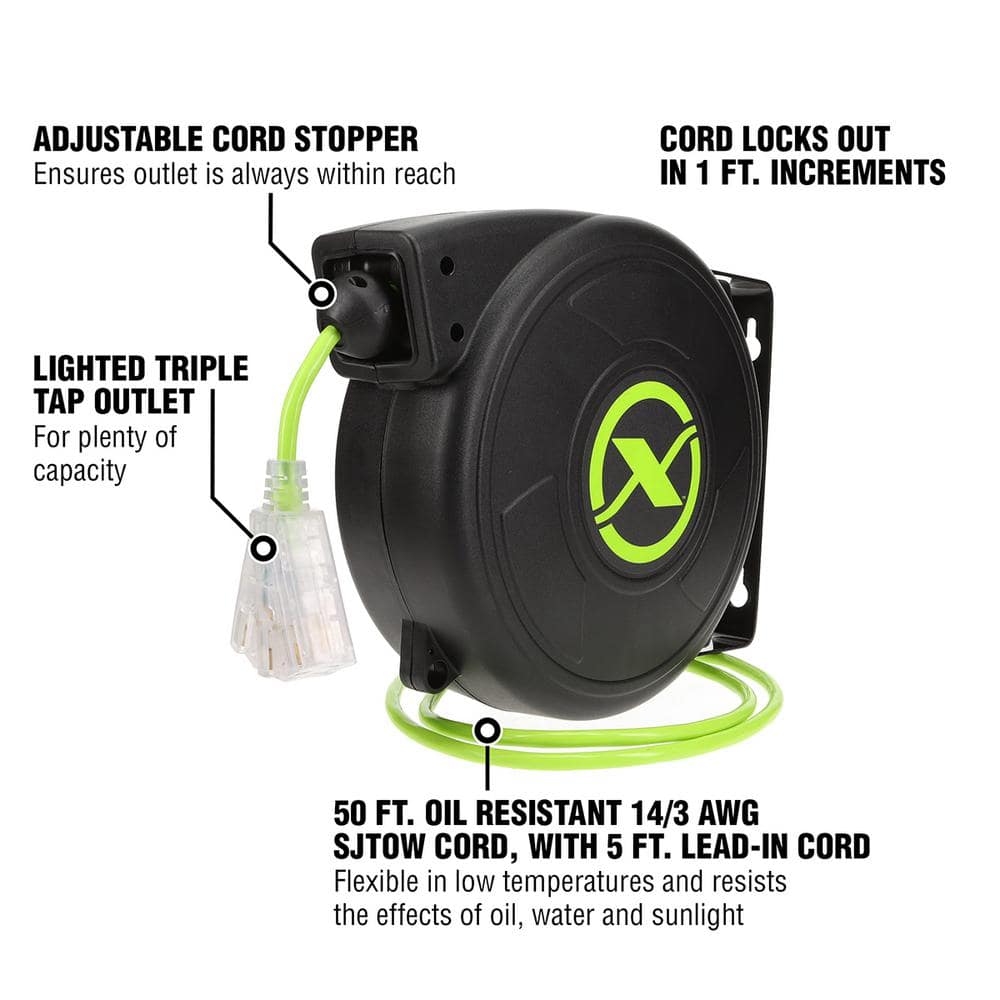Flexzilla 50' Green Retractable Extension Cord Reel with Triple Tap Outlet