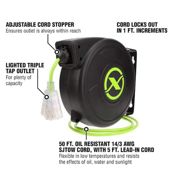Flexzilla Pro Retractable Extension Cord Reel, 60', 12/3 AWG SJTOW,  Grounded Triple Tap Outlet, Indoor/Dry Locations FL8120603