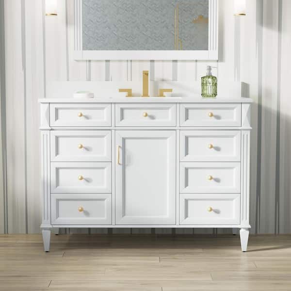 ANGELES HOME 48 in. W x 22 in. D x 35 in. H Solid Wood Freestanding Bath Vanity in White with Single Sink, Carrera White Quartz Top