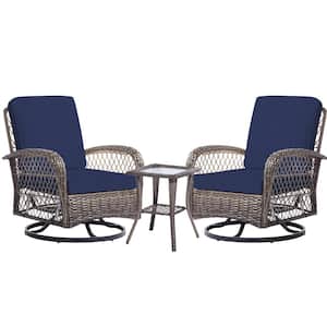 3-Piece Navy Wicker Patio Comfortable Conversation Set with Navy Cushions