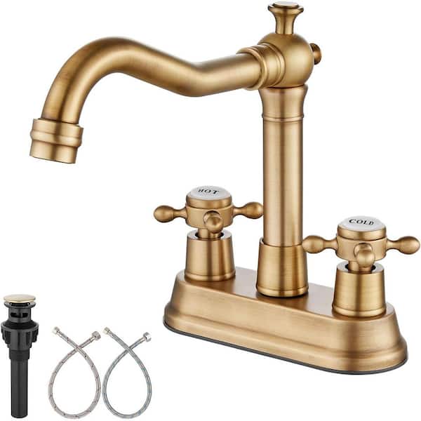 Unbranded 4 in. Centerset Double Handle High Arc Bathroom Faucet with Ceramic Cover with Drain Kit Included in Antique Brass