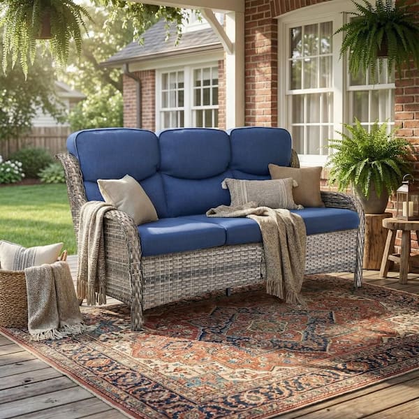 LunaCurve 3-Seat Gray PE Wicker Outdoor Couch with 5 in. olefin Blue Cushions /Patio Sofa Furniture