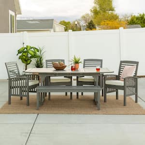 Chevron Grey Wash 6-Piece Wood Classic Outdoor Dining Set with Cream Cushions