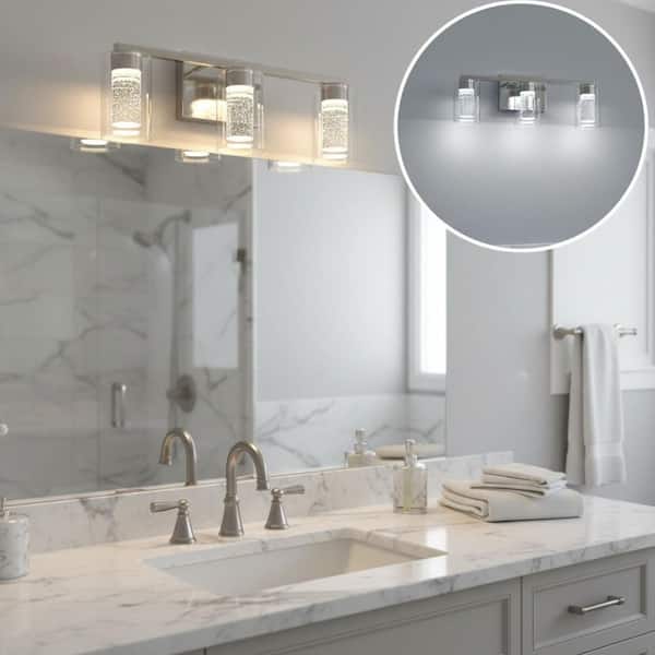 18 in. 3-Light Brushed Nickel Integrated LED Vanity Light with Glass Shade, 3000/6000K with Remote Control for Bathroom