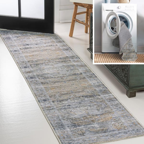JONATHAN Y Alanya Ornate Medallion Machine-Washable Gray/Mustard 2 ft. x 8 ft. Runner Rug