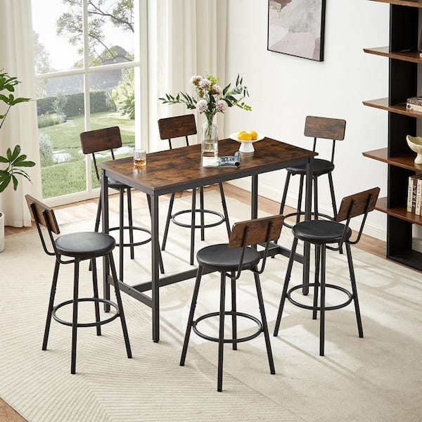 ブラウン 7-Piece Metal Outdoor Bistro Set Dining Table Set with 6 PU