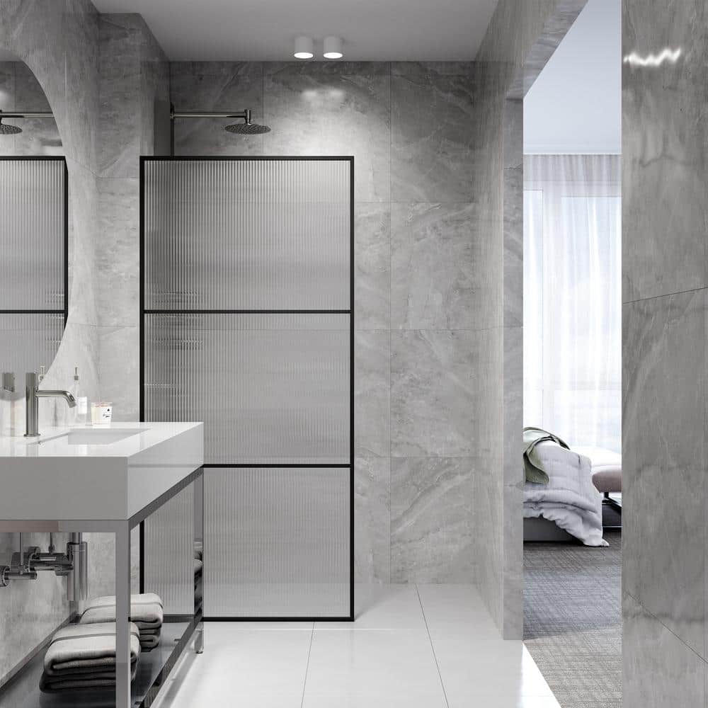 Divide 34" W x 74" H Matte Black Fluted Glass Shower Screen