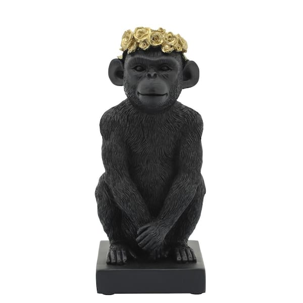 Black 5 in. x 8 in. Resin Monkey with Flower Crown Figurine