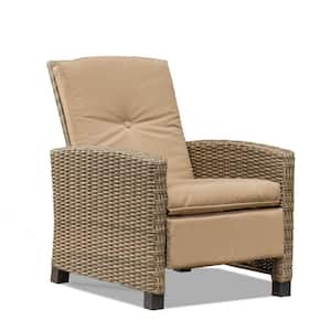 Brown 1-Piece Wicker Patio Outdoor Recliner with Khaki Cushions