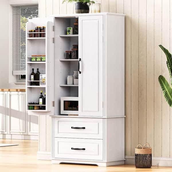 71 in. White Farmhouse Kitchen Pantry Cabinet with 2 Large Drawers, 8 Door Shelves