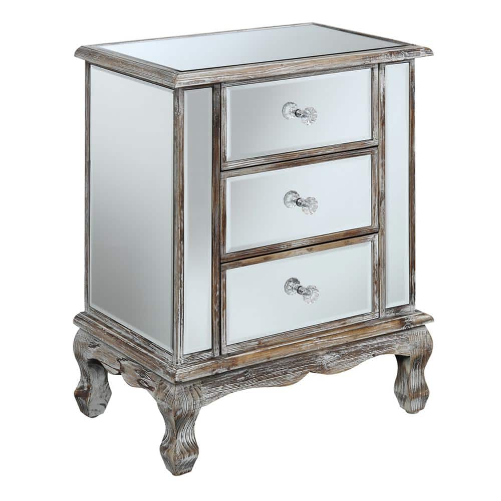 Elegant Weathered White Mirrored End Table with 3 Drawers
