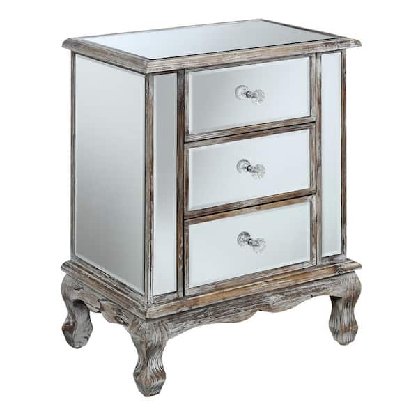 Convenience Concepts Gold Coast Vineyard 12 in. Weathered White Standard Rectangular Mirrored End Table with 3-Drawers