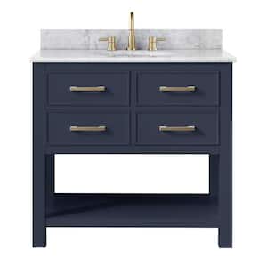Brooks 37 in. W x 22 in. D x 35 in. H Bath Vanity in Navy Blue with Marble Vanity Top in White and White Basin