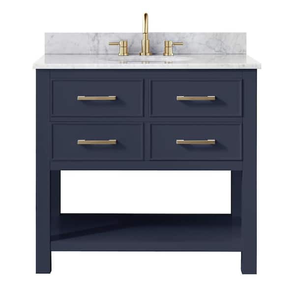 Avanity Brooks 37 in. Single Sink Navy Blue Bath Vanity with Carrara White Marble Top