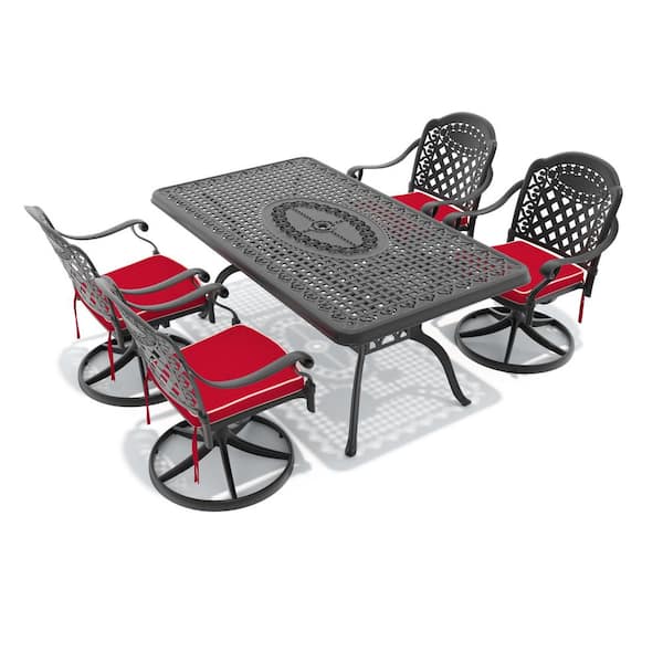 5-Piece Black Cast Aluminum Patio Outdoor Dining Set with Rectangular Table and 4 Swivel Chairs with Red Cushions