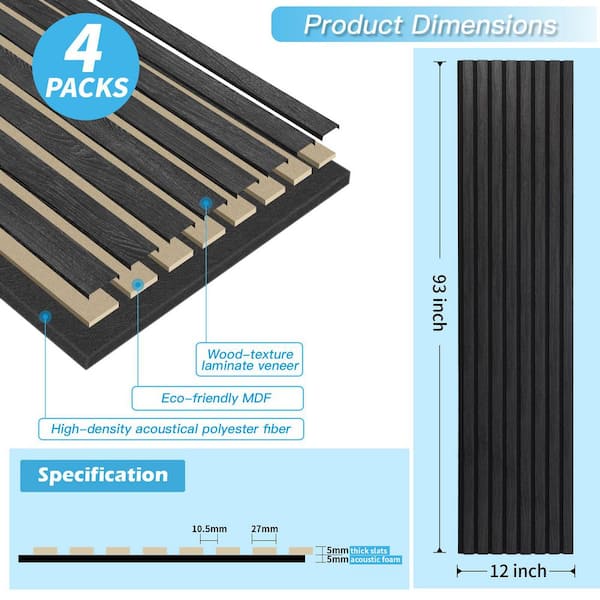 2/5in. x 1ft. x 8ft. Black Square Edge MDF Decorative Wall Paneling, 3D Acoustic/Sound proof Slat Wall Panels(4-Pack)