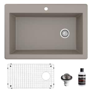 QT-670 Quartz/Granite 33 in. Single Bowl Top Mount Drop-In Kitchen Sink in Concrete with Bottom Grid and Strainer