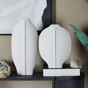18 in., 13 in. White Textured Ceramic Decorative Vase (Set of 2)