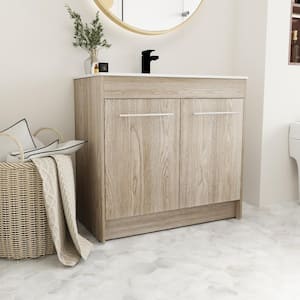 36 in. W x 18.1 in. D x 33.8 in. H Freestanding Bath Vanity in White Oak with White Ceramic Top and Sink