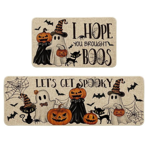 Black 17 in. x 29 in. and 17 in. x 47 in. Polyester and Rubber Low-Profile Indoor Outdoor Kitchen Mat Set