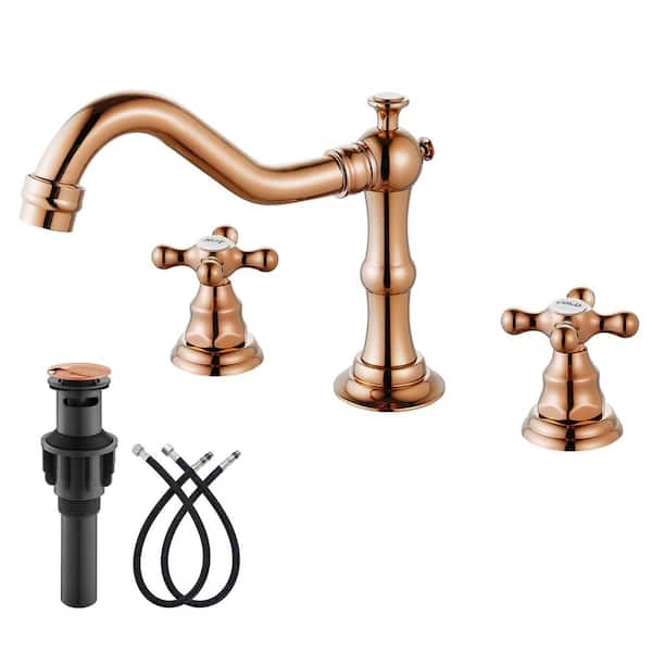 Lukvuzo 8 in. Widespread Double Handle Bathroom Faucet in Rose Gold with with Metal Pop Up Drain