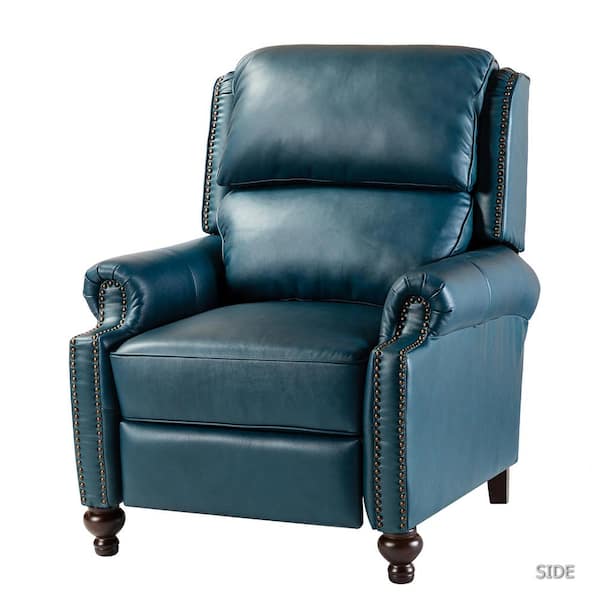 Elisabete Mid-century Modern Retro Turquoise Nail Head Trim Genuine Leather Cigar Recliner with Tapered Birch Wood Legs