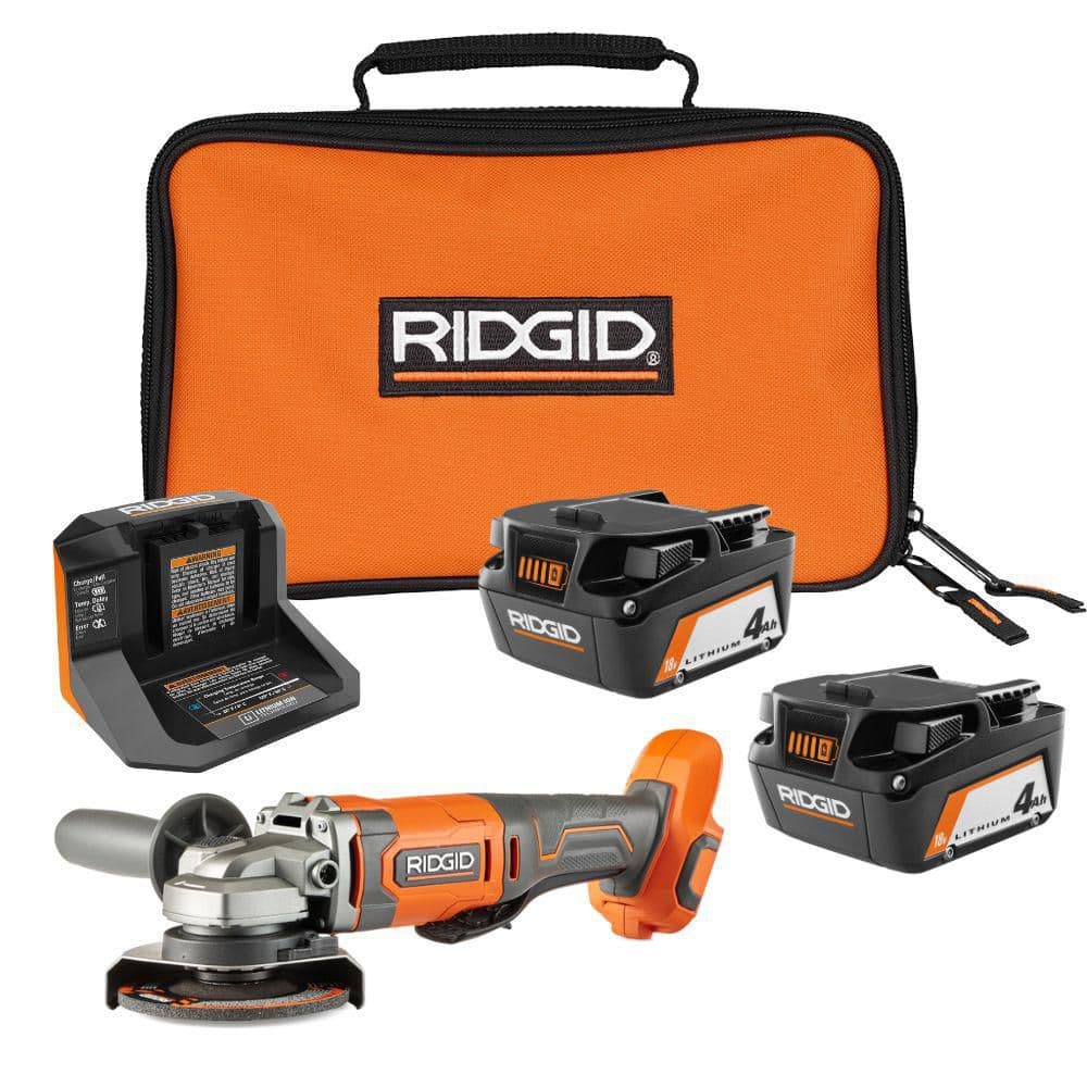 RIDGID 18V 4.0 Ah Battery (2-Pack) with Charger, Bag, and 18V 4-1/2 in. Cordless Angle Grinder (R93044R860451)