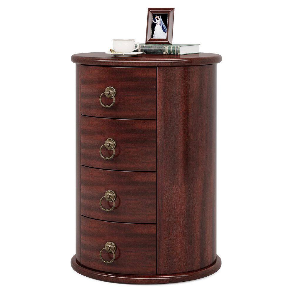 Kerlin 17.7 in. Walnut Round Wood End Table with 4 Storage Drawers, Narrow Side Table, No Assembly, Finished Back