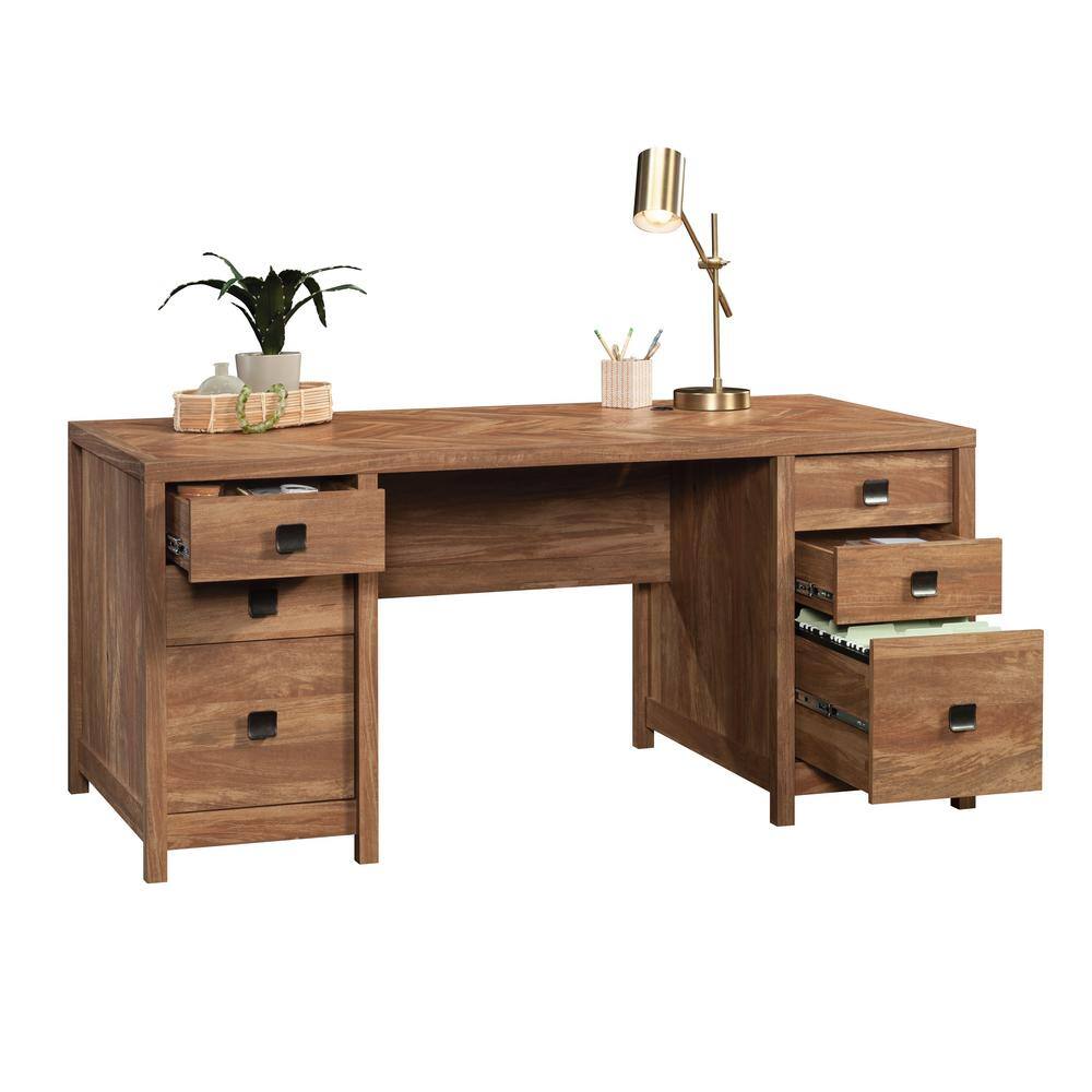 Sindoori Mango Executive Desk with Herringbone Pattern and Cord Management
