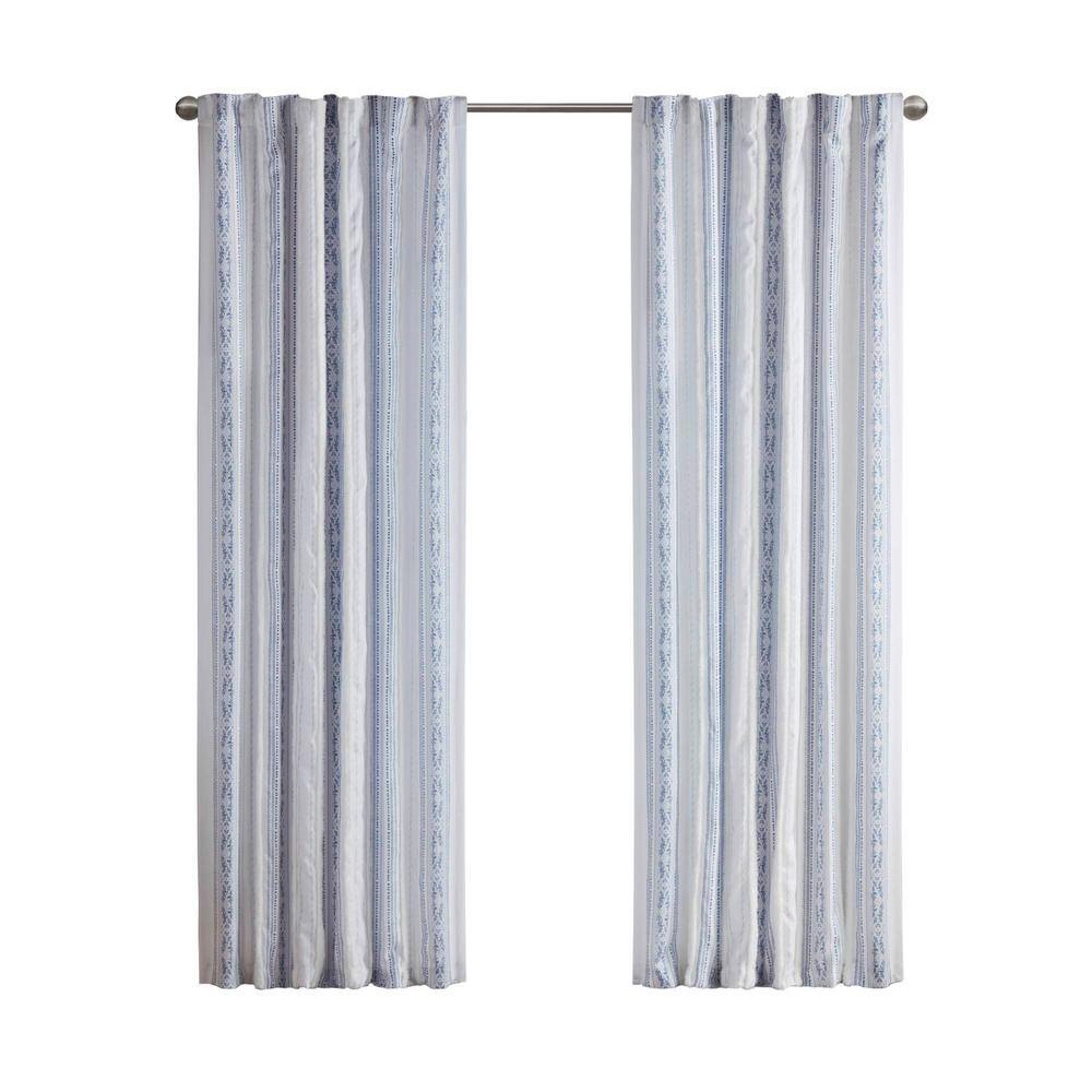 Navy and White Velvet Polyester Boho-Chic Light Filtering Curtain Panel