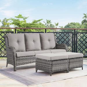 Carolina Gray 3-Piece Wicker Outdoor Couch with Gray Cushions