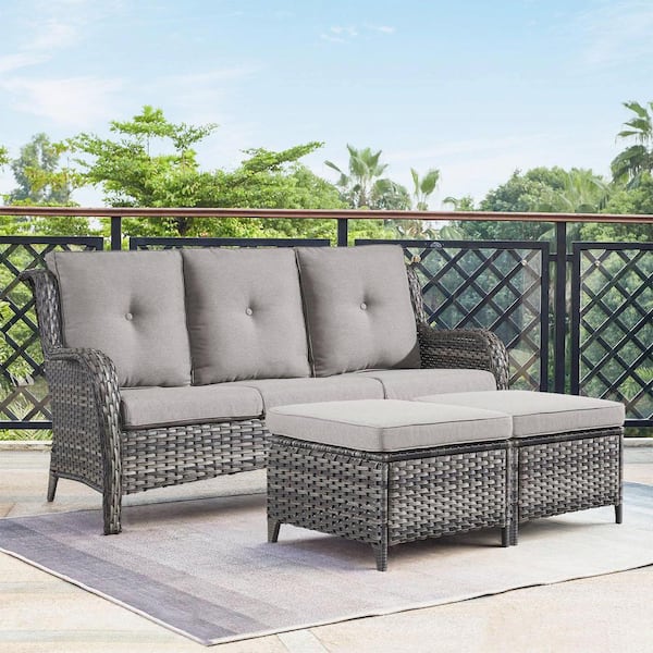 Gymojoy Carolina Gray 3-Piece Wicker Outdoor Couch with Gray Cushions