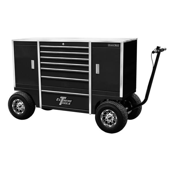Extreme Tools 70 in. 7-Drawer 2-Compartment Pit Box with Stainless Steel Work Surface and Hand-Controlled Disc Brake in Black