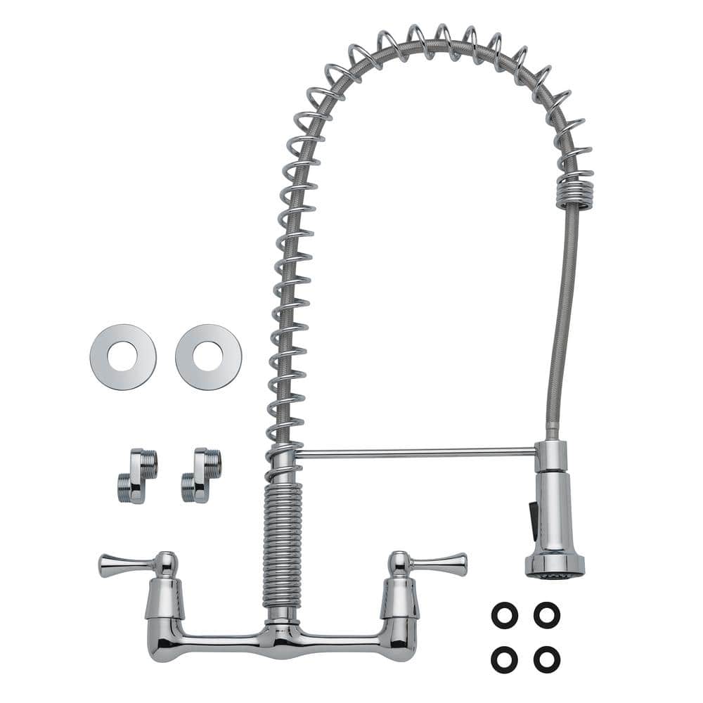 Chrome Dual Handle Wall-Mount Pull-Down Sprayer Kitchen Faucet
