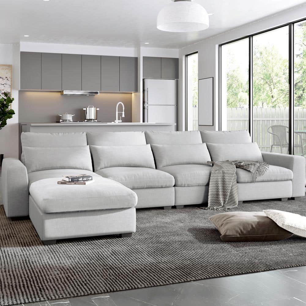 Magic Home 129 9 In Convertible Large L Shape Feather Filled Sectional Sofa Couch With Reversible Ottoman Chaise For Living Room Gray