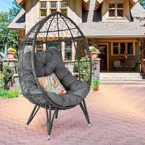 Outdoor Patio Wicker Egg Chair Oversized Indoor Basket Rattan Chair with Stand Gray Cushion 350 lbs. Capacity