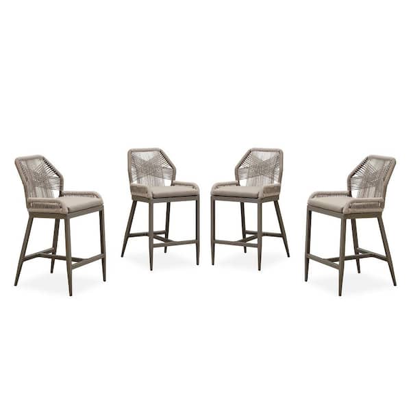 Modern Aluminum Twill Wicker Woven Counter Height Outdoor Bar Stool with Back and Sunbrella Taupe Cushion (4-Pack)