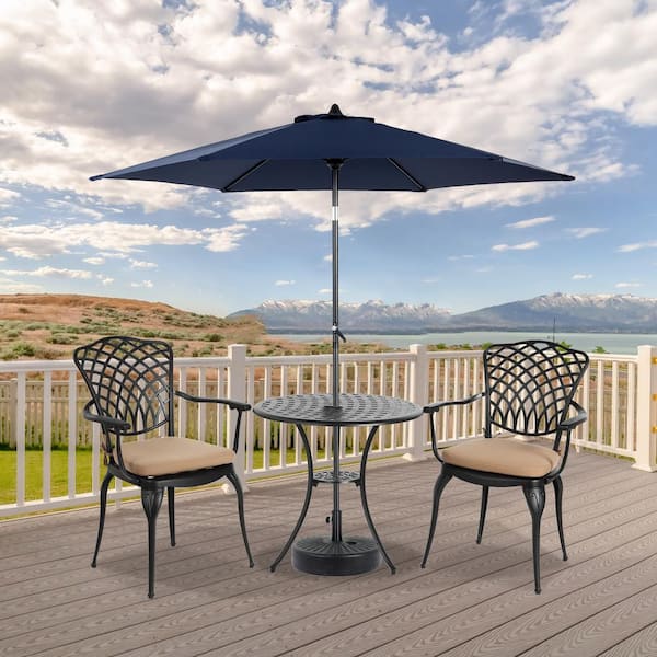 3-Piece Patio Black Cast Aluminum Outdoor Bistro Set with Umbrella Hole Table and Chairs with Armrest and Brown Cushions