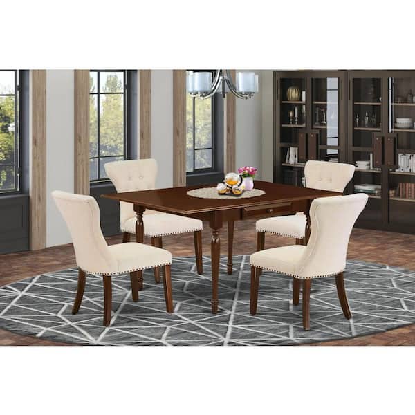 East West Furniture 5-Piece Mahogany Finish Solid Wood Top - Button Tufted Dining Room Set with Dropleaf - Seats 4