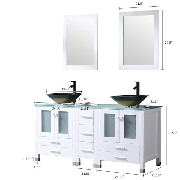 60 in. W x 21.5 in. D x 61 in. H Double Sinks Bath Vanity in White with Glass Top and Mirror