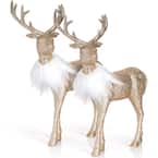 12  in. Gold Glitter Christmas Reindeer - Holiday Deer Figurine Statues Dinner Table Decor Centerpiece (Set of 2)