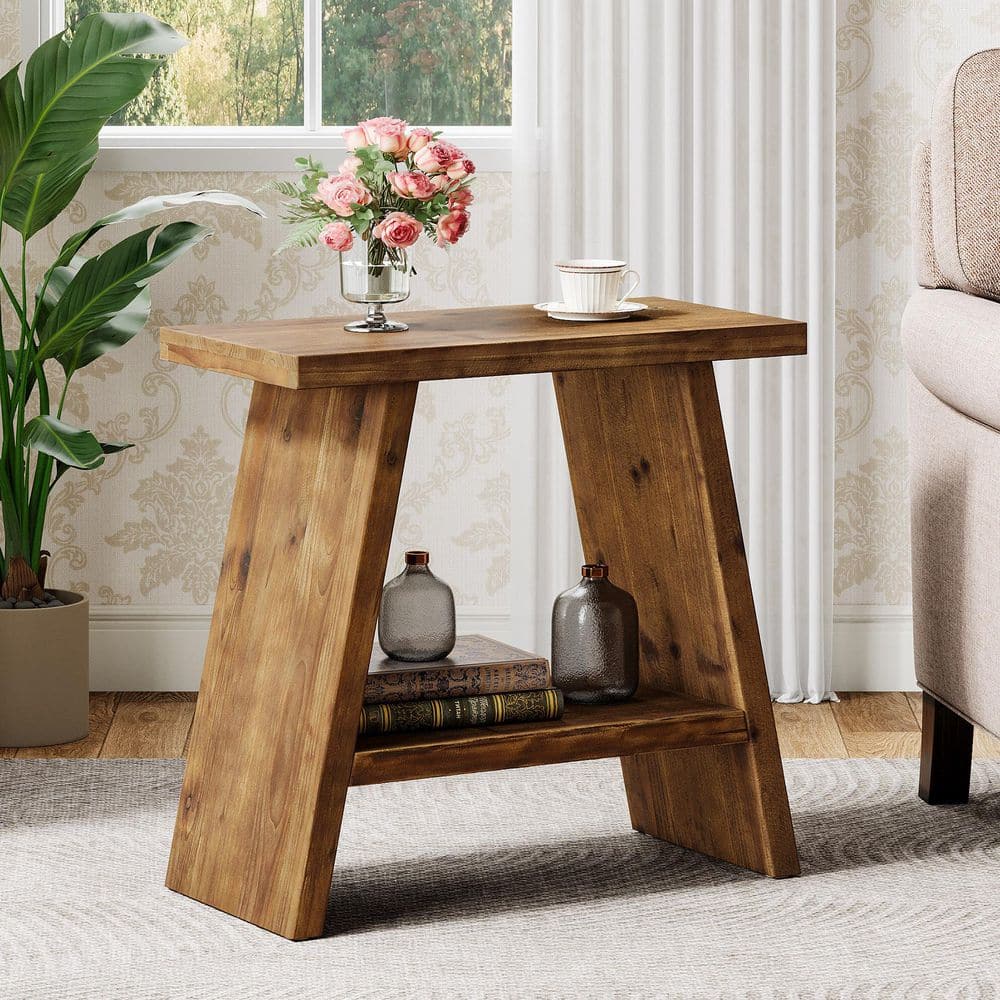 Kerlin 24 in. Brown Rectangle Solid Wood End Table with 2-Tier Storage, Narrow Side Table Nightstand for Small Places - thumbnail 5