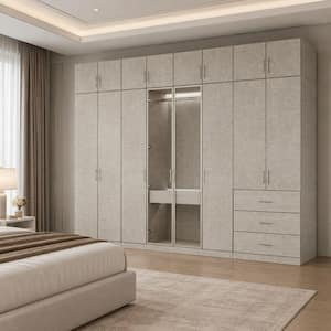 Beige-J Wood 126 in. Armoire with 5-Drawer, Hanging Rods, Shelves, Top Cabinets and Linen Finish for Bedroom Storage