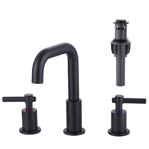 IVIGA 8 in. Widespread Double Handle Bathroom Faucet with Swivel Spout, 2 Aerators, Drain and Supply Lines in Matte Black