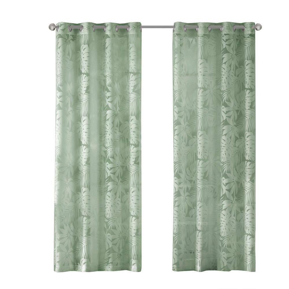 Sage Green Tropical Palm Leaf Sheer Grommet Drapes
