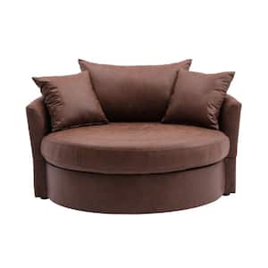 Brown Swivel Upholstered Barrel Living Room Chair With 3-pillows