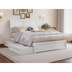 Andorra White Solid Wood Frame Full Platform Bed with Panel Footboard and Storage-Drawers