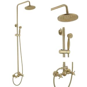 2-Spray Wall Bar Shower Kit 8 in. Round Rain Shower Head with Hand Shower Brass Pipe 2 Cross Knobs in Brushed Gold