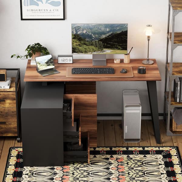 FUFU&GAGA 54.3 in. Reversible L-Shaped Brown Wood Computer And